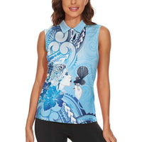 Aotearoa Maori Wahine Women Sleeveless Polo Shirt Fantail Bird Blue Gold Marble LT05 - Polynesian Pride