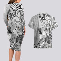Aotearoa Maori Wahine Couples Matching Long Sleeve Bodycon Dress and Hawaiian Shirt Fantail Bird Black Gold Marble LT05 - Polynesian Pride