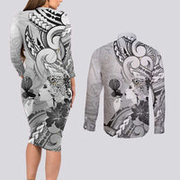 Aotearoa Maori Wahine Couples Matching Long Sleeve Bodycon Dress and Long Sleeve Button Shirt Fantail Bird Black Gold Marble LT05 - Polynesian Pride