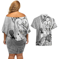 Aotearoa Maori Wahine Couples Matching Off Shoulder Short Dress and Hawaiian Shirt Fantail Bird Black Gold Marble LT05 - Polynesian Pride