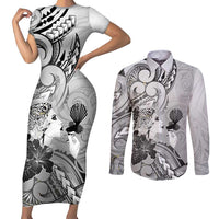Aotearoa Maori Wahine Couples Matching Short Sleeve Bodycon Dress and Long Sleeve Button Shirt Fantail Bird Black Gold Marble LT05 Black - Polynesian Pride