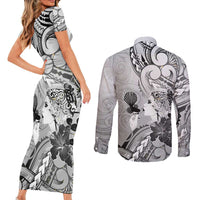 Aotearoa Maori Wahine Couples Matching Short Sleeve Bodycon Dress and Long Sleeve Button Shirt Fantail Bird Black Gold Marble LT05 - Polynesian Pride