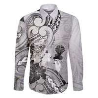 Aotearoa Maori Wahine Family Matching Off Shoulder Maxi Dress and Hawaiian Shirt Fantail Bird Black Gold Marble LT05 Dad's Shirt - Long Sleeve Black - Polynesian Pride
