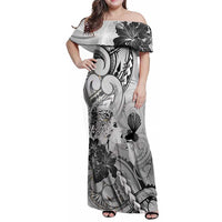 Aotearoa Maori Wahine Family Matching Off Shoulder Maxi Dress and Hawaiian Shirt Fantail Bird Black Gold Marble LT05 Mom's Dress Black - Polynesian Pride