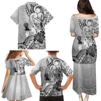Aotearoa Maori Wahine Family Matching Puletasi and Hawaiian Shirt Fantail Bird Black Gold Marble LT05 - Polynesian Pride