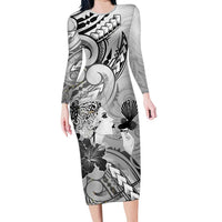 Aotearoa Maori Wahine Long Sleeve Bodycon Dress Fantail Bird Black Gold Marble LT05 Long Dress Black - Polynesian Pride
