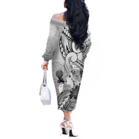 Aotearoa Maori Wahine Off The Shoulder Long Sleeve Dress Fantail Bird Black Gold Marble LT05 - Polynesian Pride