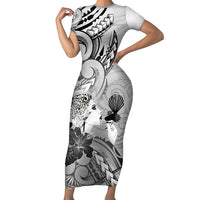 Aotearoa Maori Wahine Short Sleeve Bodycon Dress Fantail Bird Black Gold Marble LT05 Long Dress Black - Polynesian Pride