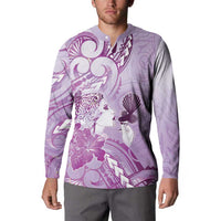 Aotearoa Maori Wahine Button Sweatshirt Fantail Bird Purple Gold Marble