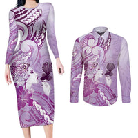 Aotearoa Maori Wahine Couples Matching Long Sleeve Bodycon Dress and Long Sleeve Button Shirt Fantail Bird Purple Gold Marble LT05 Purple - Polynesian Pride