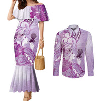 Aotearoa Maori Wahine Couples Matching Mermaid Dress and Long Sleeve Button Shirt Fantail Bird Purple Gold Marble LT05 Purple - Polynesian Pride