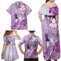 Aotearoa Maori Wahine Family Matching Off Shoulder Maxi Dress and Hawaiian Shirt Fantail Bird Purple Gold Marble LT05 - Polynesian Pride