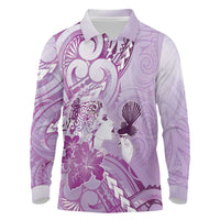 Aotearoa Maori Wahine Long Sleeve Polo Shirt Fantail Bird Purple Gold Marble LT05 Purple - Polynesian Pride