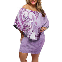 Aotearoa Maori Wahine Off Shoulder Short Dress Fantail Bird Purple Gold Marble LT05 Women Purple - Polynesian Pride