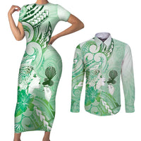 Aotearoa Maori Wahine Couples Matching Short Sleeve Bodycon Dress and Long Sleeve Button Shirt Fantail Bird Green Gold Marble LT05 Green - Polynesian Pride