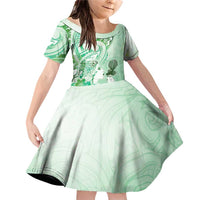 Aotearoa Maori Wahine Family Matching Off Shoulder Short Dress and Hawaiian Shirt Fantail Bird Green Gold Marble LT05 Daughter's Dress Green - Polynesian Pride