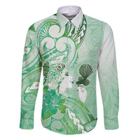 Aotearoa Maori Wahine Family Matching Off Shoulder Short Dress and Hawaiian Shirt Fantail Bird Green Gold Marble LT05 Dad's Shirt - Long Sleeve Green - Polynesian Pride