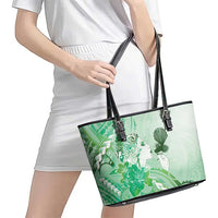 Aotearoa Maori Wahine Leather Tote Bag Fantail Bird Green Gold Marble