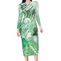 Aotearoa Maori Wahine Long Sleeve Bodycon Dress Fantail Bird Green Gold Marble LT05 Long Dress Green - Polynesian Pride