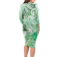 Aotearoa Maori Wahine Long Sleeve Bodycon Dress Fantail Bird Green Gold Marble LT05 - Polynesian Pride