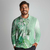 Aotearoa Maori Wahine Long Sleeve Polo Shirt Fantail Bird Green Gold Marble LT05 - Polynesian Pride