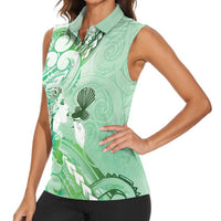 Aotearoa Maori Wahine Women Sleeveless Polo Shirt Fantail Bird Green Gold Marble LT05 - Polynesian Pride