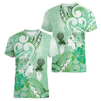 Aotearoa Maori Wahine Women V-Neck T-Shirt Fantail Bird Green Gold Marble LT05 - Polynesian Pride