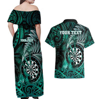 Personalised New Zealand Darts Couples Matching Off Shoulder Maxi Dress and Hawaiian Shirt Maori Koru Dartboard Turquoise Flame LT05 - Polynesian Pride
