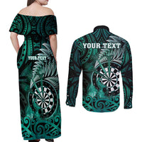 Personalised New Zealand Darts Couples Matching Off Shoulder Maxi Dress and Long Sleeve Button Shirt Maori Koru Dartboard Turquoise Flame LT05 - Polynesian Pride