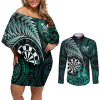 Personalised New Zealand Darts Couples Matching Off Shoulder Short Dress and Long Sleeve Button Shirt Maori Koru Dartboard Turquoise Flame LT05 Turquoise - Polynesian Pride