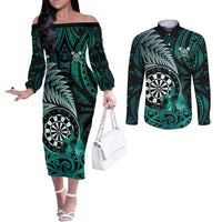 Personalised New Zealand Darts Couples Matching Off The Shoulder Long Sleeve Dress and Long Sleeve Button Shirt Maori Koru Dartboard Turquoise Flame LT05 Turquoise - Polynesian Pride