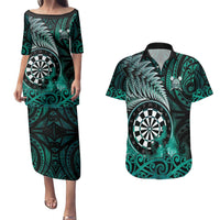 Personalised New Zealand Darts Couples Matching Puletasi and Hawaiian Shirt Maori Koru Dartboard Turquoise Flame LT05 Turquoise - Polynesian Pride