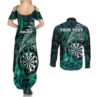 Personalised New Zealand Darts Couples Matching Summer Maxi Dress and Long Sleeve Button Shirt Maori Koru Dartboard Turquoise Flame LT05 - Polynesian Pride