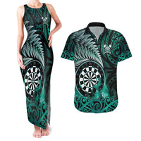 Personalised New Zealand Darts Couples Matching Tank Maxi Dress and Hawaiian Shirt Maori Koru Dartboard Turquoise Flame LT05 Turquoise - Polynesian Pride