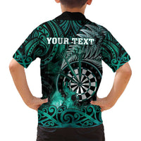 Personalised New Zealand Darts Family Matching Long Sleeve Bodycon Dress and Hawaiian Shirt Maori Koru Dartboard Turquoise Flame LT05 - Polynesian Pride