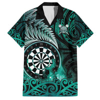 Personalised New Zealand Darts Family Matching Off The Shoulder Long Sleeve Dress and Hawaiian Shirt Maori Koru Dartboard Turquoise Flame LT05 Dad's Shirt - Short Sleeve Turquoise - Polynesian Pride