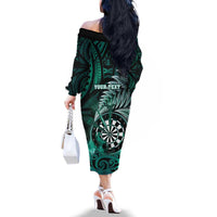 Personalised New Zealand Darts Family Matching Off The Shoulder Long Sleeve Dress and Hawaiian Shirt Maori Koru Dartboard Turquoise Flame LT05 - Polynesian Pride