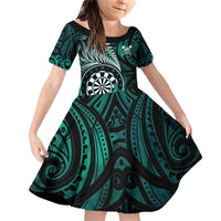 Personalised New Zealand Darts Family Matching Off Shoulder Short Dress and Hawaiian Shirt Maori Koru Dartboard Turquoise Flame LT05 Daughter's Dress Turquoise - Polynesian Pride