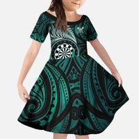 Personalised New Zealand Darts Family Matching Short Sleeve Bodycon Dress and Hawaiian Shirt Maori Koru Dartboard Turquoise Flame LT05 Daughter's Dress Turquoise - Polynesian Pride