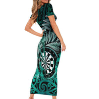 Personalised New Zealand Darts Family Matching Short Sleeve Bodycon Dress and Hawaiian Shirt Maori Koru Dartboard Turquoise Flame LT05 - Polynesian Pride