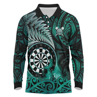 Personalised New Zealand Darts Long Sleeve Polo Shirt Maori Koru Dartboard Turquoise Flame LT05 Turquoise - Polynesian Pride