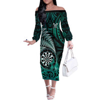 Personalised New Zealand Darts Off The Shoulder Long Sleeve Dress Maori Koru Dartboard Turquoise Flame LT05 Women Turquoise - Polynesian Pride