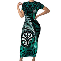 Personalised New Zealand Darts Short Sleeve Bodycon Dress Maori Koru Dartboard Turquoise Flame LT05 Long Dress Turquoise - Polynesian Pride