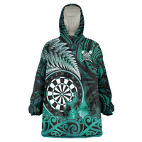 Personalised New Zealand Darts Wearable Blanket Hoodie Maori Koru Dartboard Turquoise Flame LT05 One Size Turquoise - Polynesian Pride