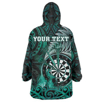 Personalised New Zealand Darts Wearable Blanket Hoodie Maori Koru Dartboard Turquoise Flame LT05 - Polynesian Pride