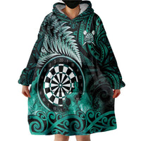 Personalised New Zealand Darts Wearable Blanket Hoodie Maori Koru Dartboard Turquoise Flame LT05 - Polynesian Pride
