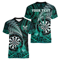 Personalised New Zealand Darts Women V-Neck T-Shirt Maori Koru Dartboard Turquoise Flame LT05 - Polynesian Pride