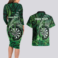Personalised New Zealand Darts Couples Matching Long Sleeve Bodycon Dress and Hawaiian Shirt Maori Koru Dartboard Green Flame LT05 - Polynesian Pride