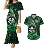 Personalised New Zealand Darts Couples Matching Mermaid Dress and Hawaiian Shirt Maori Koru Dartboard Green Flame LT05 Green - Polynesian Pride