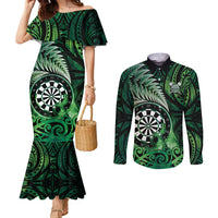 Personalised New Zealand Darts Couples Matching Mermaid Dress and Long Sleeve Button Shirt Maori Koru Dartboard Green Flame LT05 Green - Polynesian Pride